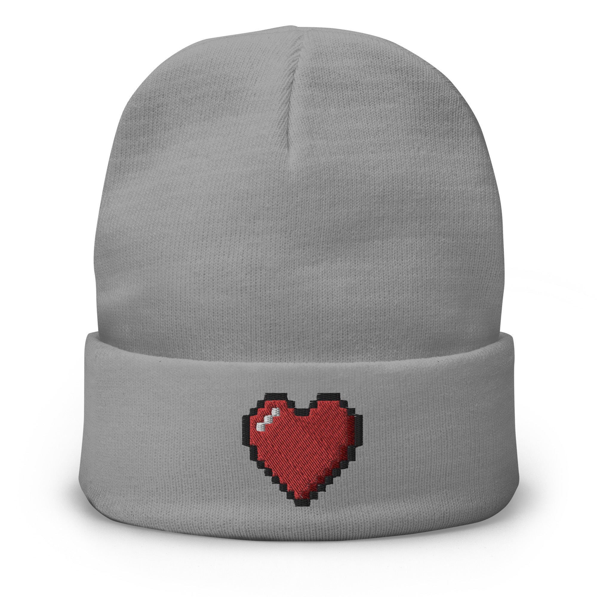 Retro 8 Bit Video Game Pixelated Heart Embroidered Cuff Beanie