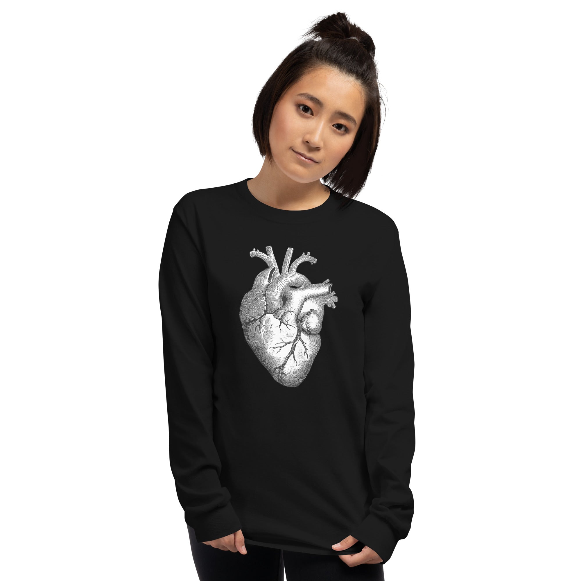 Anatomical Human Heart Medical Art Long Sleeve Shirt Black and White - Edge of Life Designs