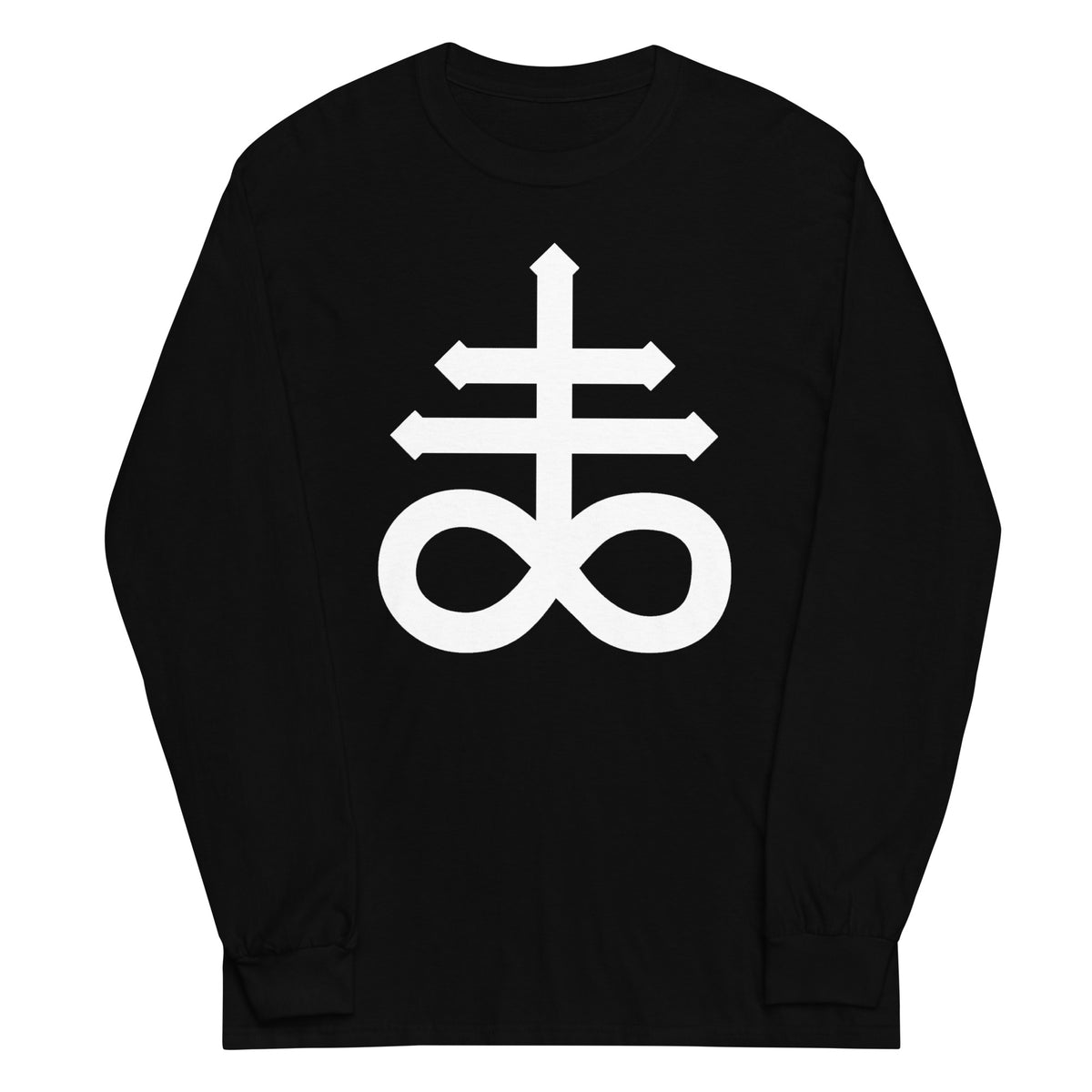 White Leviathan Cross design on unisex long sleeve shirt, front view