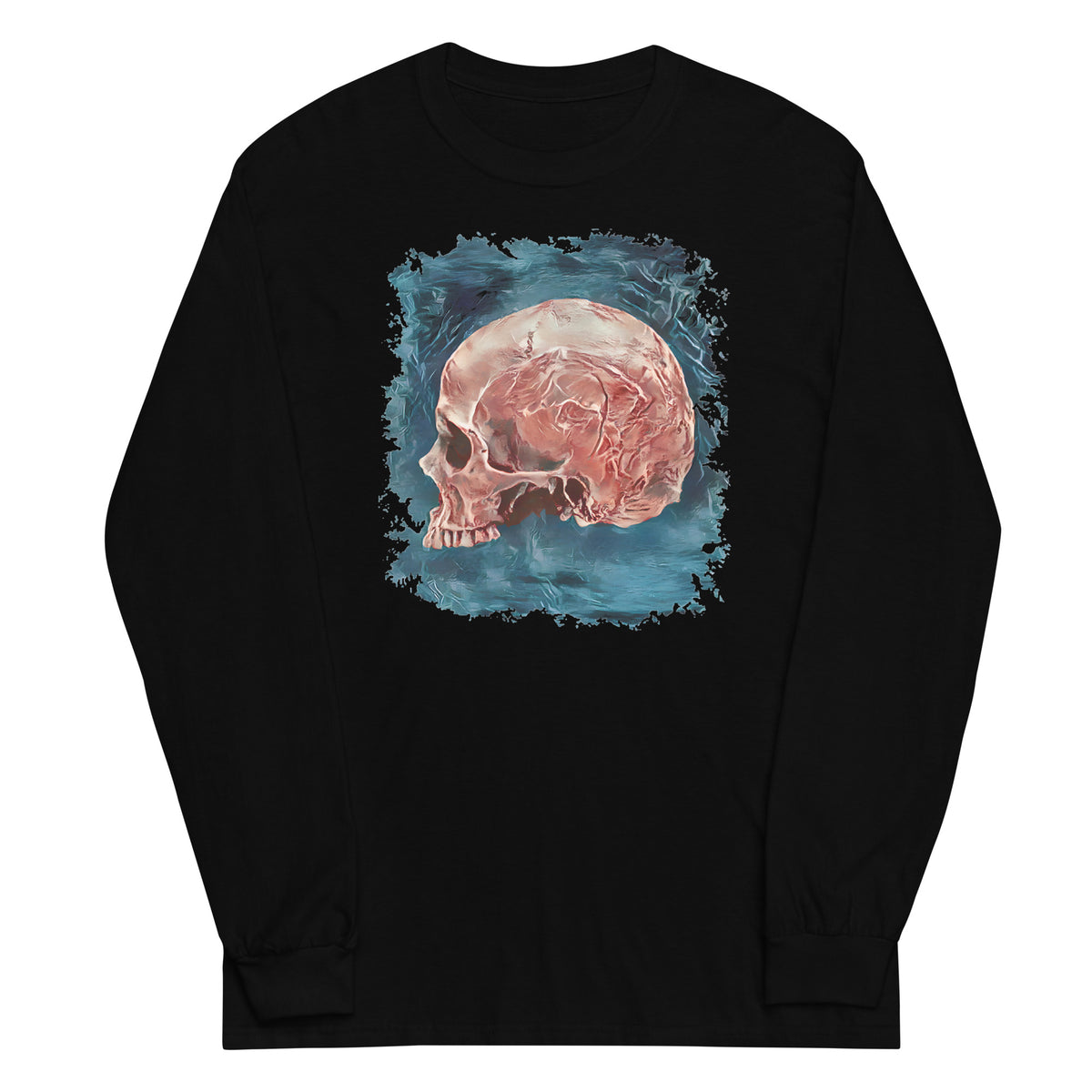 Mystical Blood Skull Side design on unisex long sleeve shirt, front view