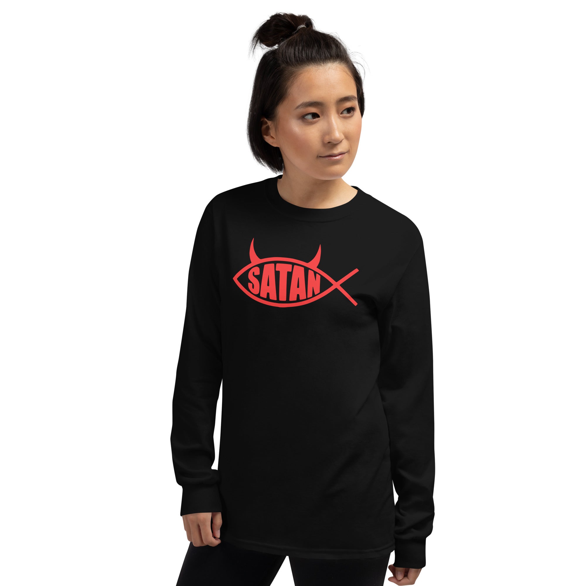 Red Ichthys Satan Fish with Horns Religious Satire Long Sleeve Shirt