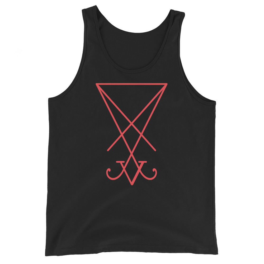 Red Sigil of Lucifer design on men's tank top, front view
