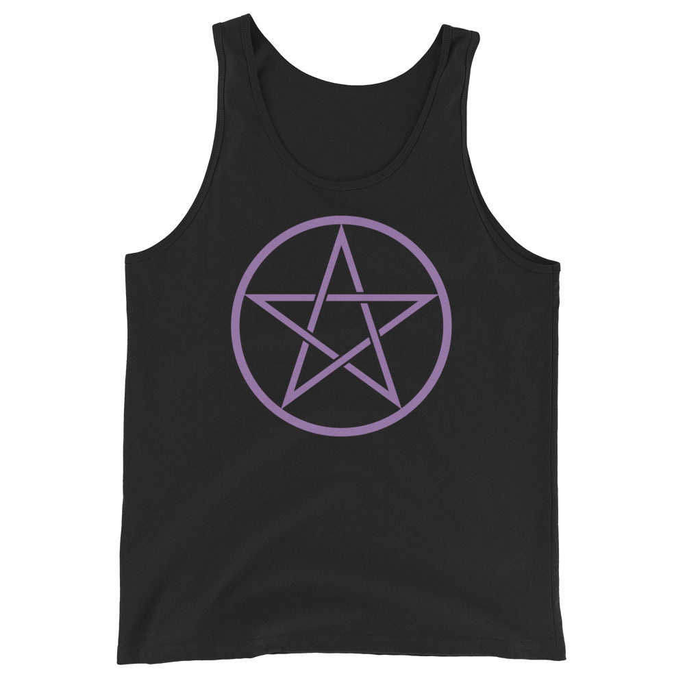 Purple Wiccan Pentagram design on men's tank top, front view