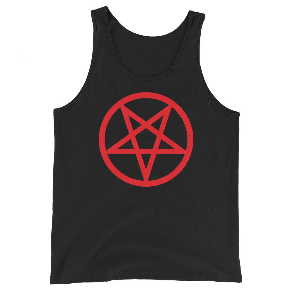 Red Inverted Pentagram design on men's tank top, front view