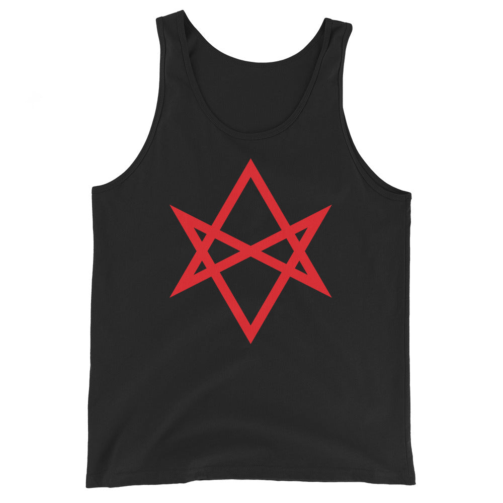 Red Unicursal Hexagram design on men's tank top, front view