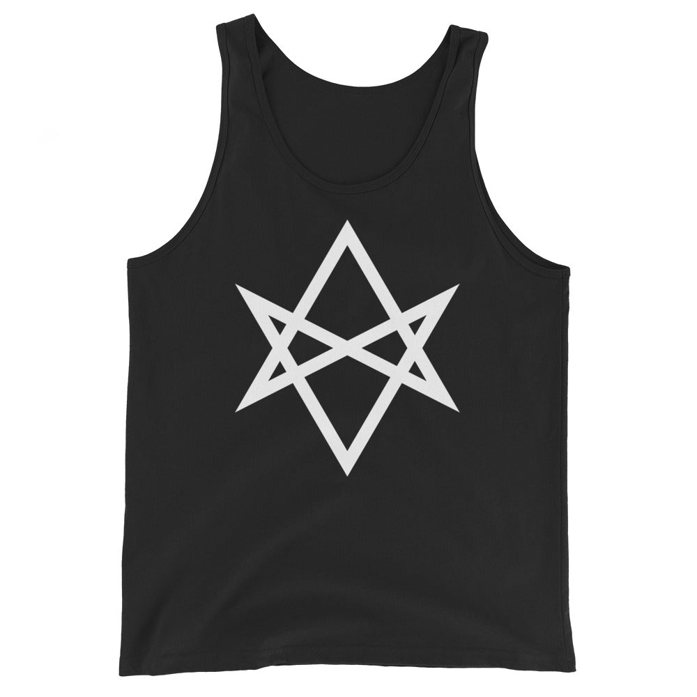 White Unicursal Hexagram design on men's tank top, front view