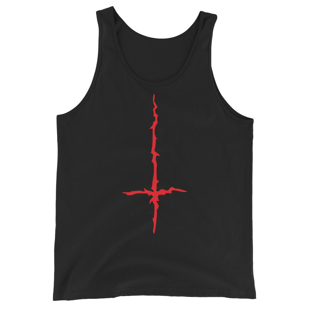 Red Melting Inverted Cross design on men's tank top, front view