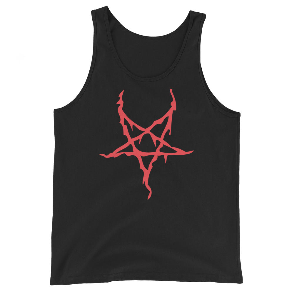 Red Melting Inverted Pentagram design on men's tank top, front view