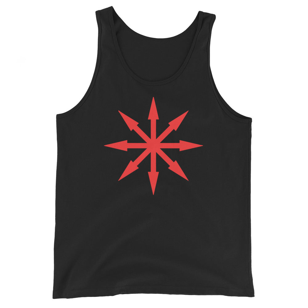 Red Chaos Star design on men's tank top, front view