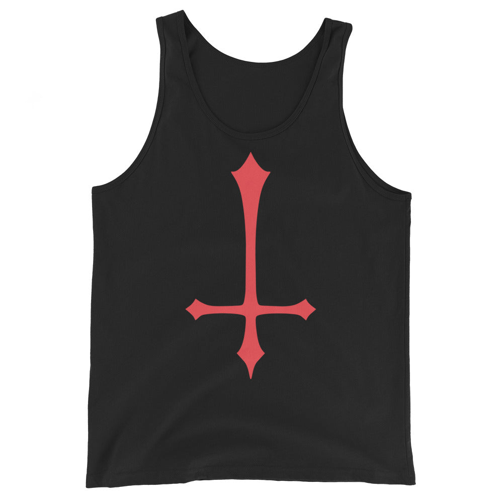Red Inverted Cross design on men's tank top, front view