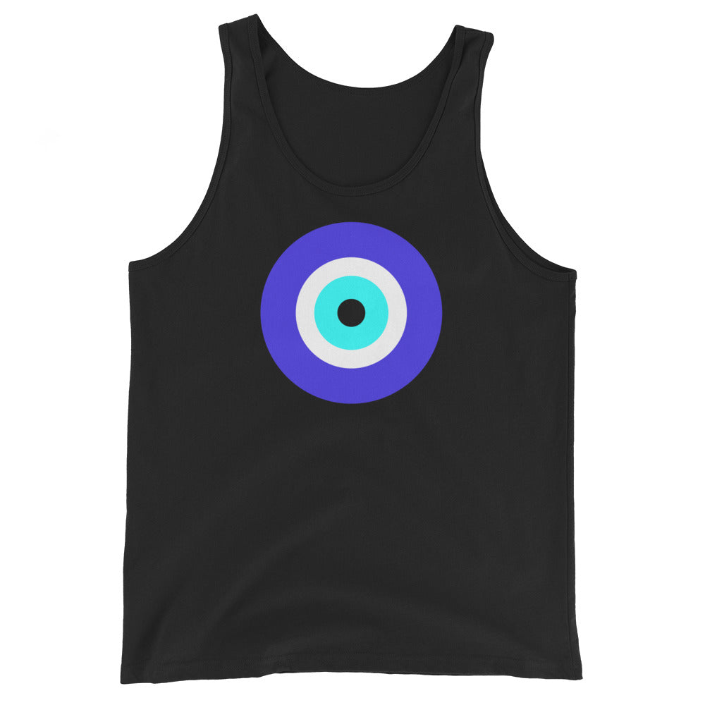 Classic Evil Eye design on men's tank top, front view