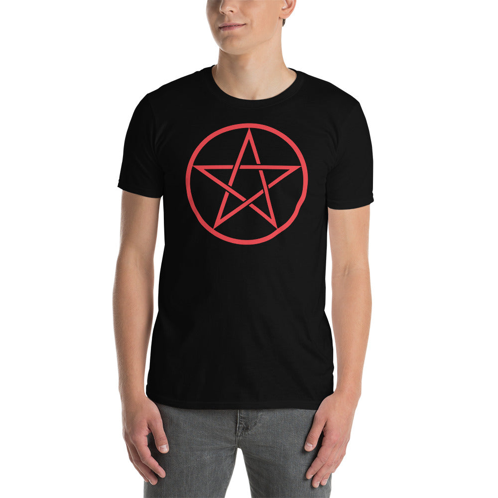 Red Wiccan Pentagram design on unisex T-shirt, front view