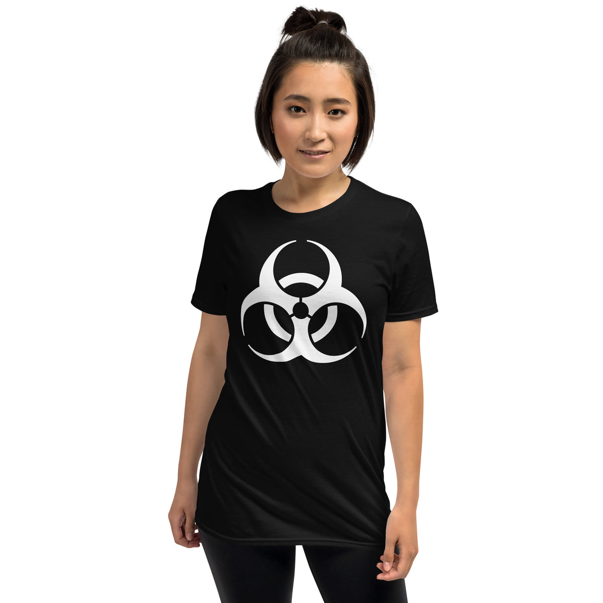 White Biohazard Symbol design on unisex T-shirt, front view