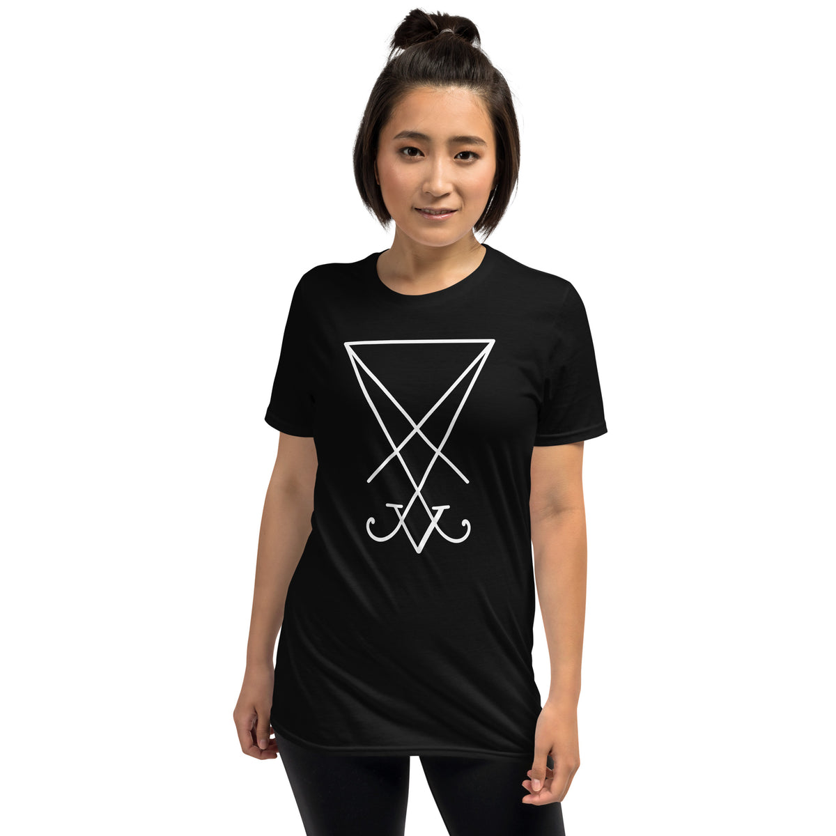 White Sigil of Lucifer design on unisex T-shirt, front view