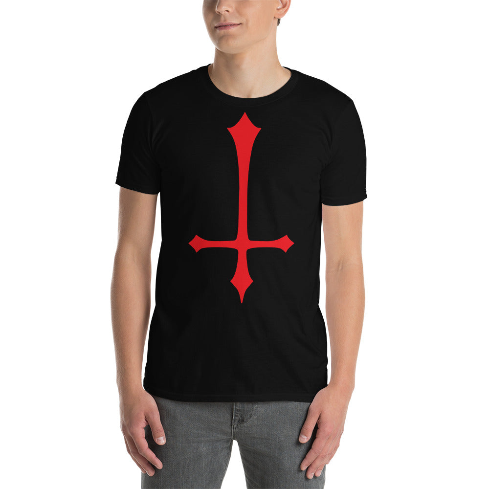 Red Inverted Cross design on unisex T-shirt, front view