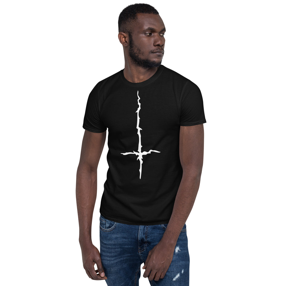 White Melting Inverted Cross design on unisex T-shirt, front view