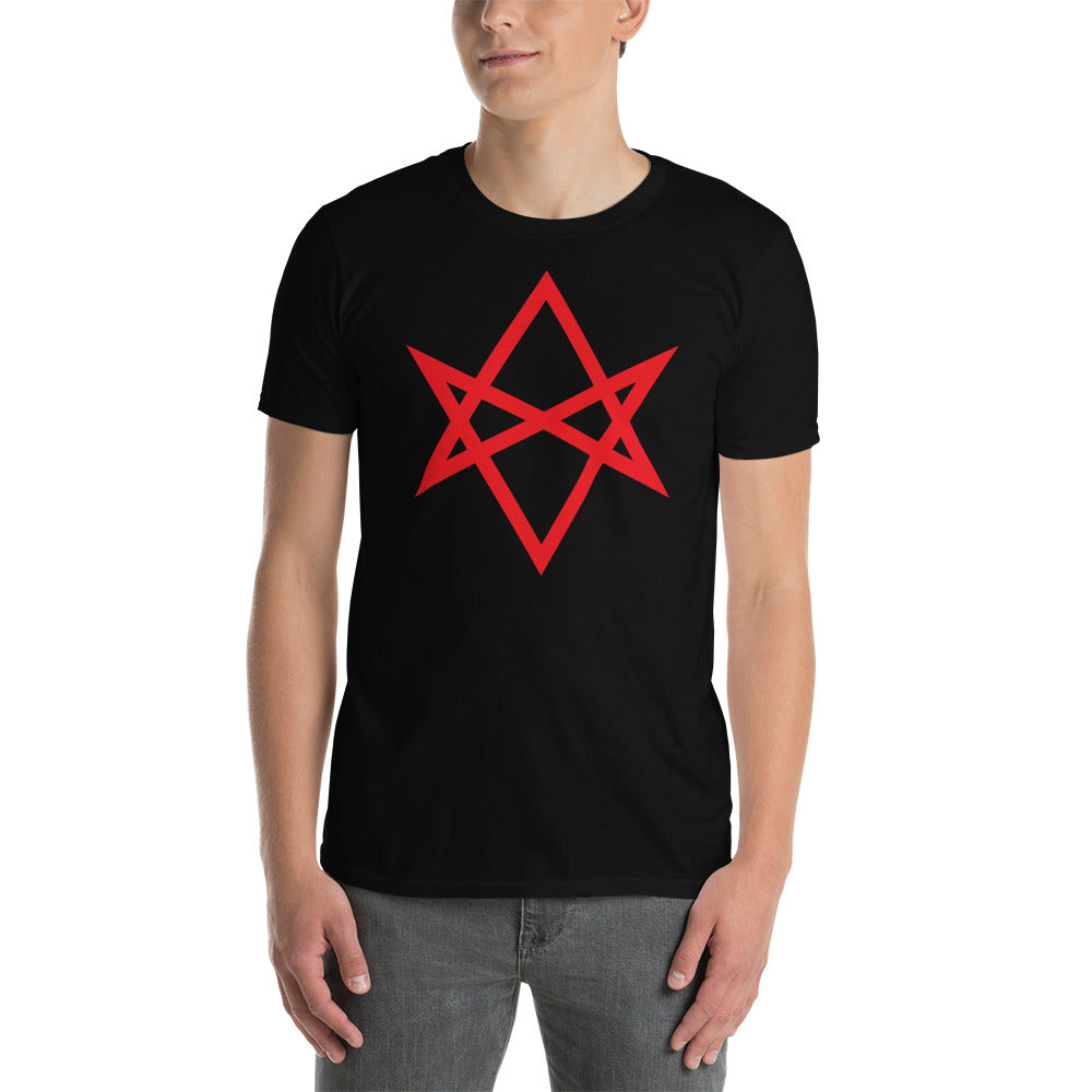 Red Unicursal Hexagram design on unisex T-shirt, front view