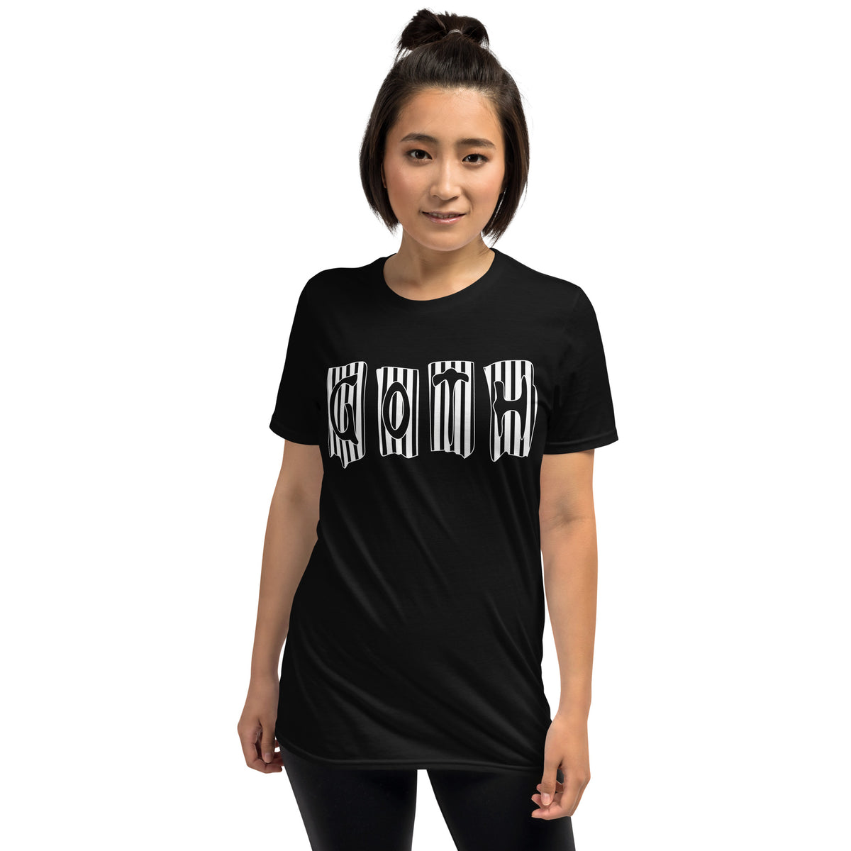 Black White Gothic Stripes design on unisex T-shirt, front view