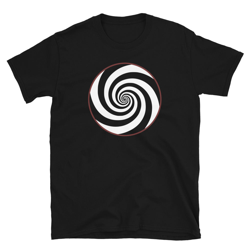 Hypnotic Spiral Illusion design on unisex T-shirt, front view