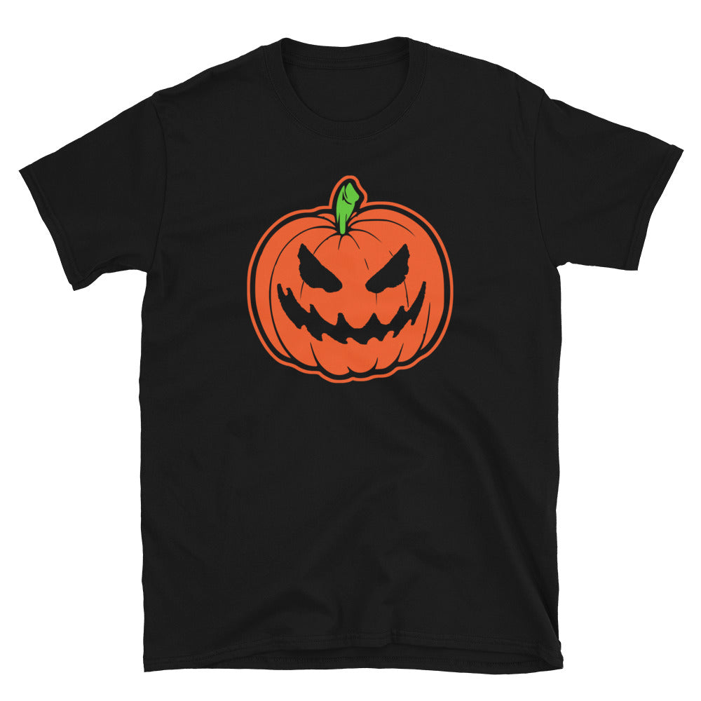 Scary Jack O' Lantern design on unisex T-shirt, front view