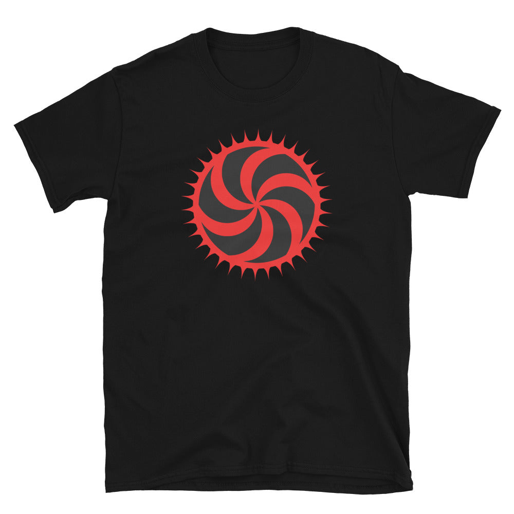 Red Deadly Swirl design on unisex T-shirt, front view
