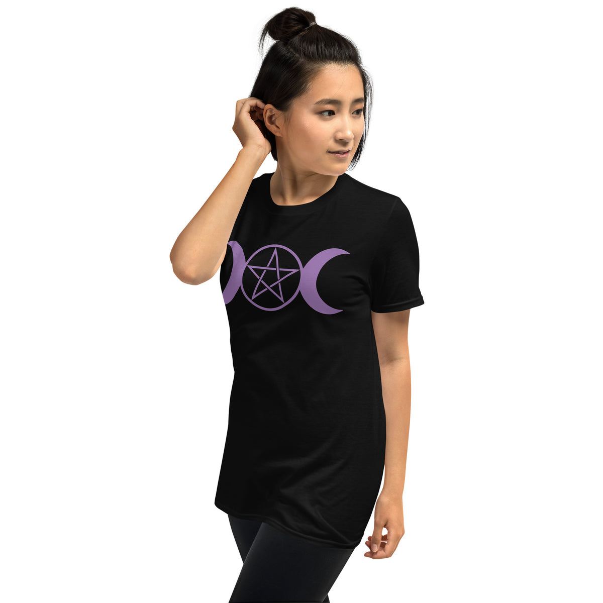Purple Triple Moon Goddess design on unisex T-shirt, left-front view