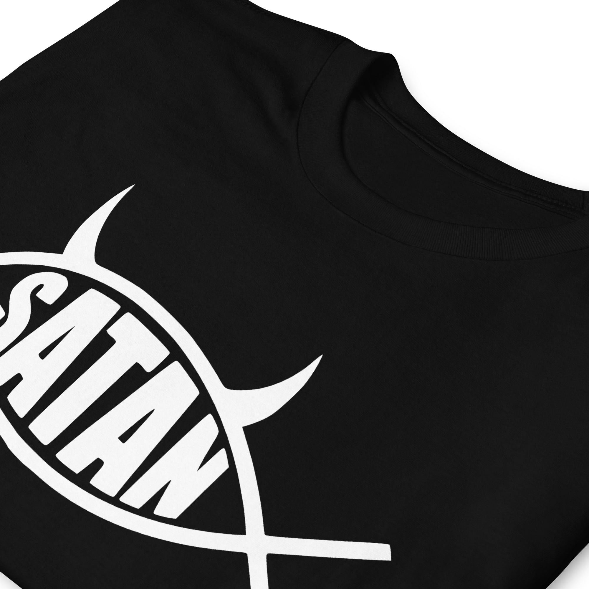 White Ichthys Satan Fish with Horns Religious Satire Short-Sleeve T-Shirt