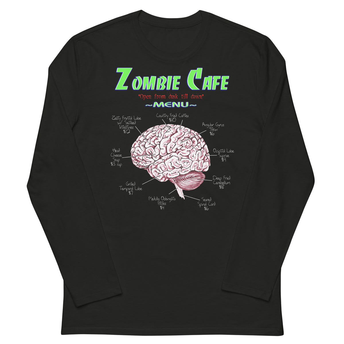 Zombie Cafe Brains Menu design on slim-fit long sleeve shirt, front view