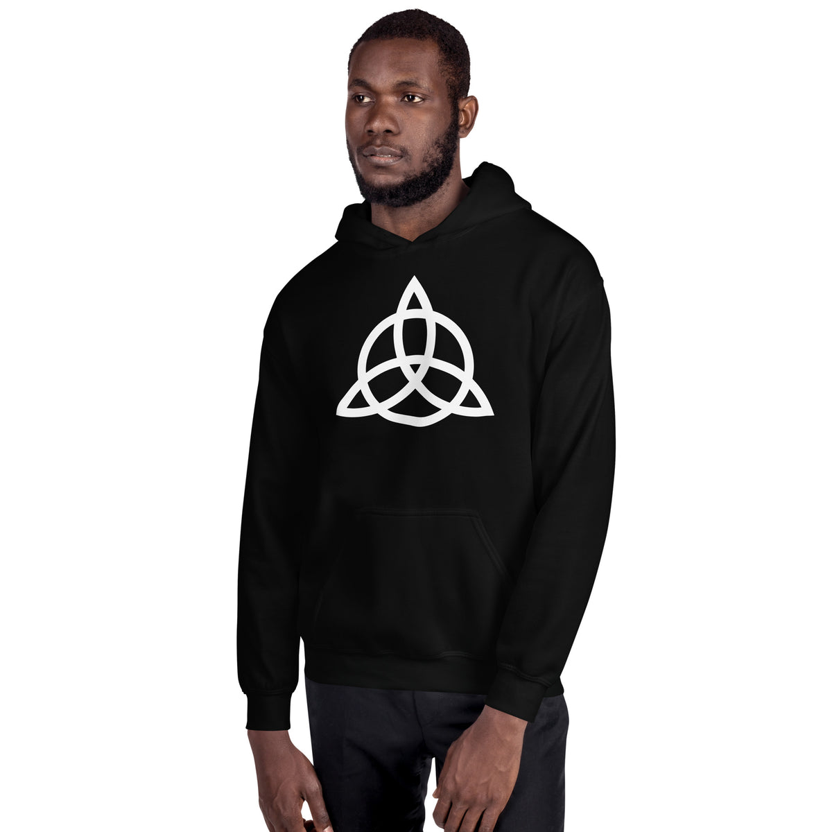 Celtic Triquetra design on unisex hoodie, front view