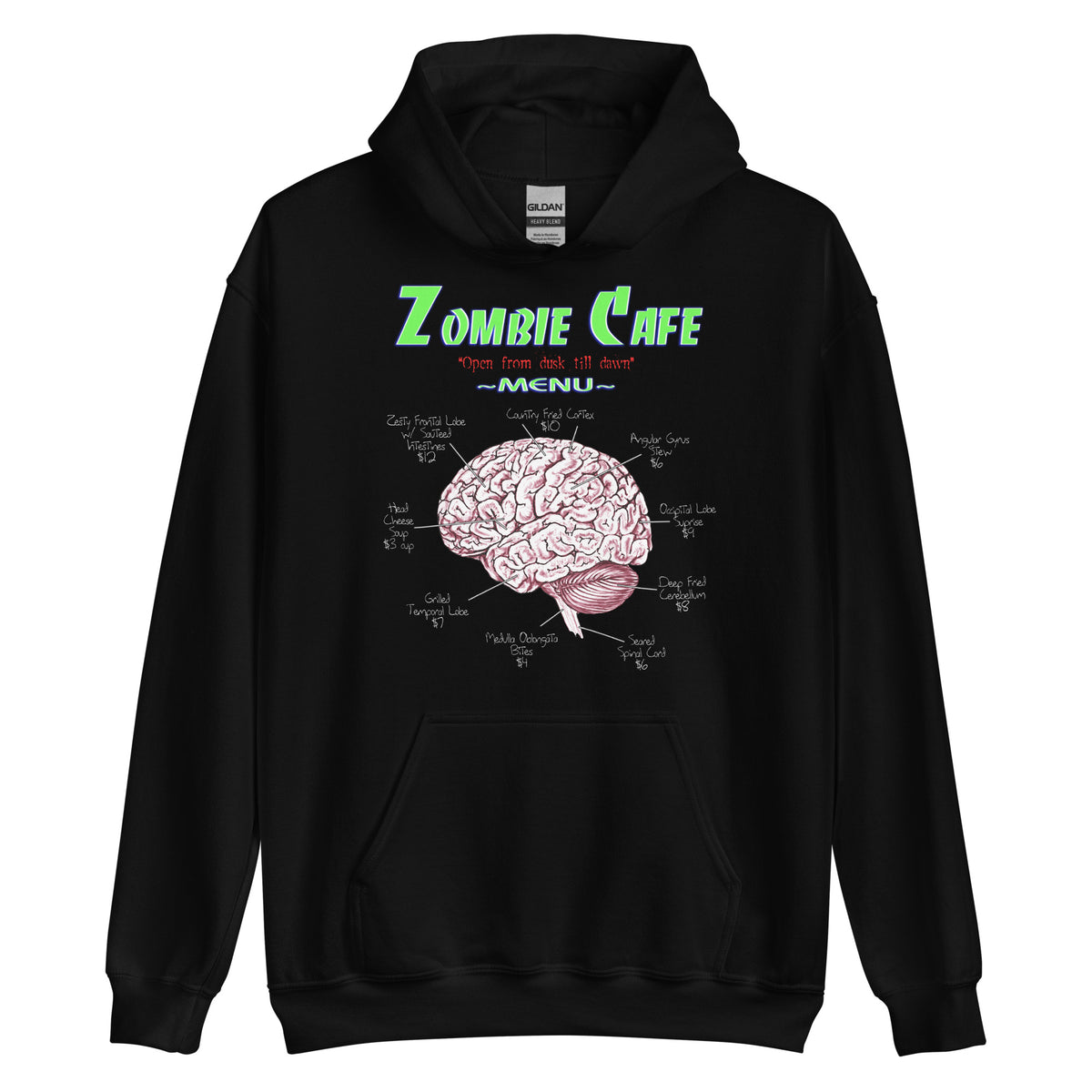 Zombie Cafe Brains Menu design on unisex hoodie, front view