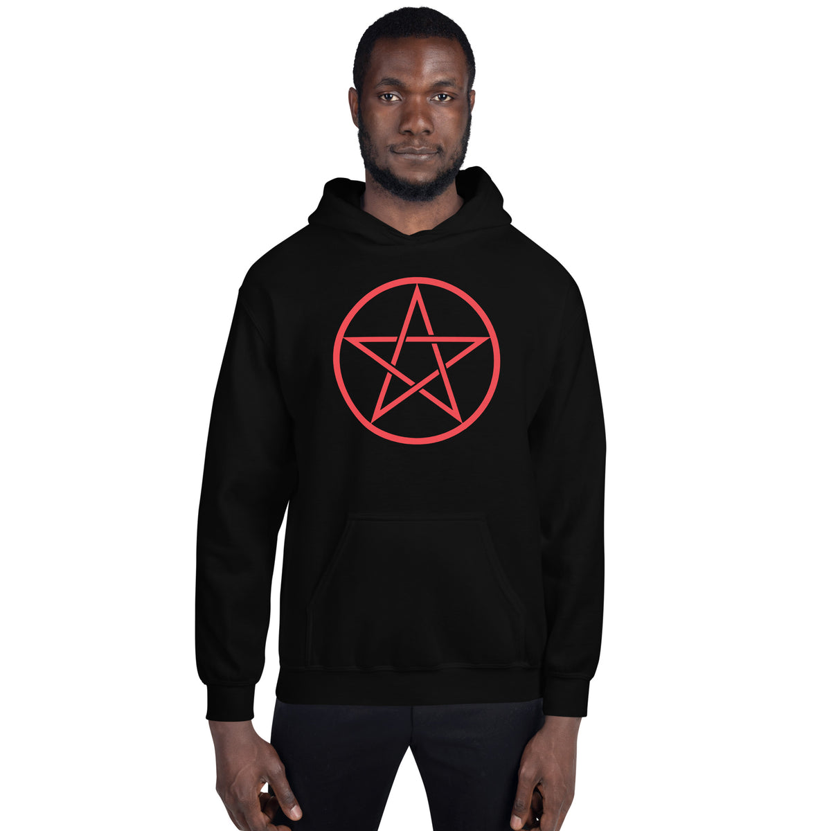 Red Wiccan Pentagram design on unisex hoodie, front view