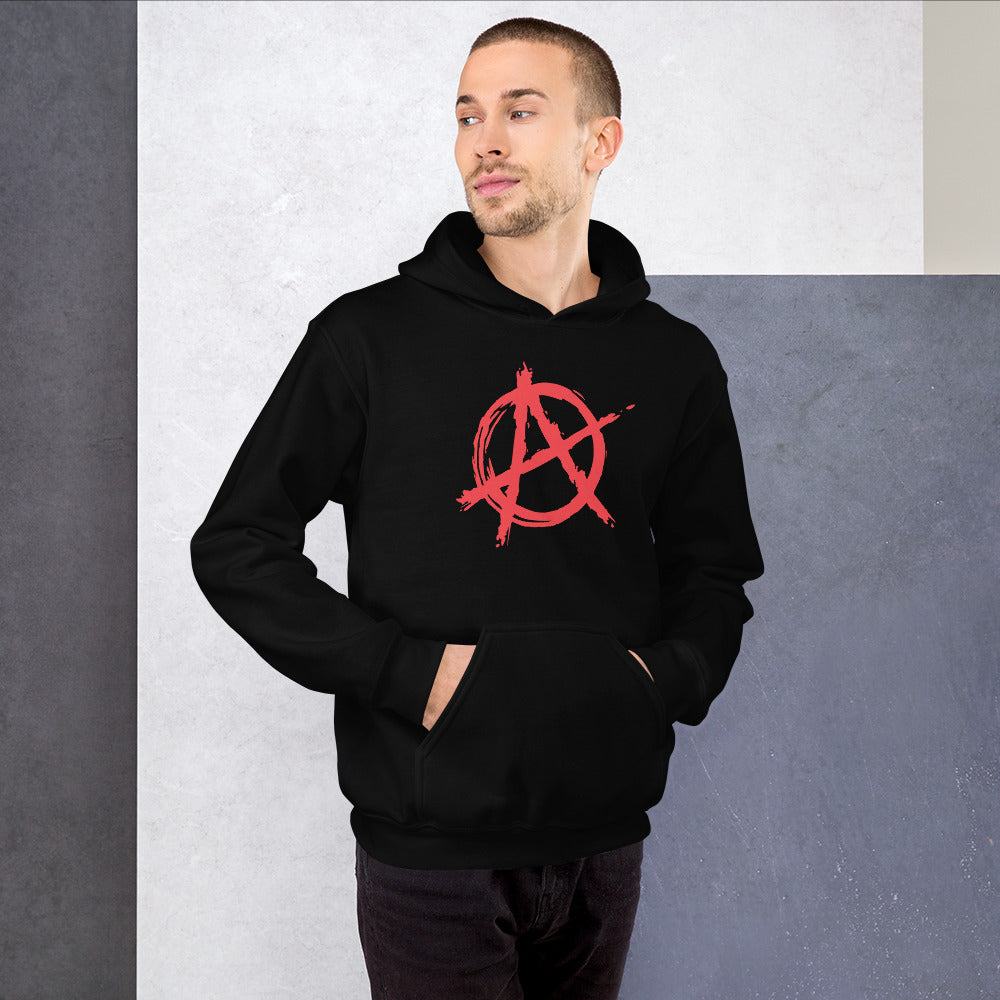 Red Anarchy Symbol design on unisex hoodie, front view