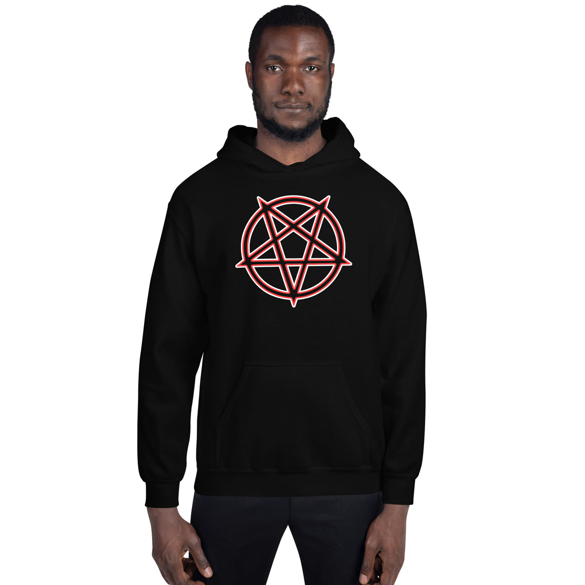 Inverted Pentagram design on unisex hoodie, front view