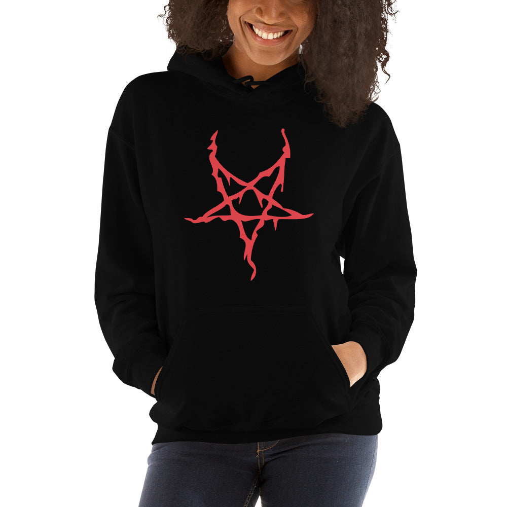 Red Melting Inverted Pentagram design on unisex hoodie, front view