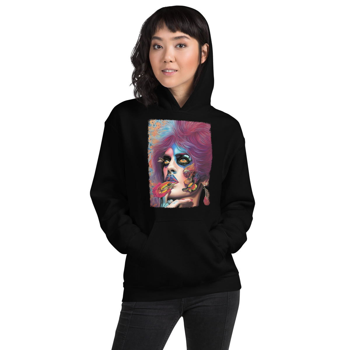 Star Child Surreal Portrait design on unisex hoodie, front view