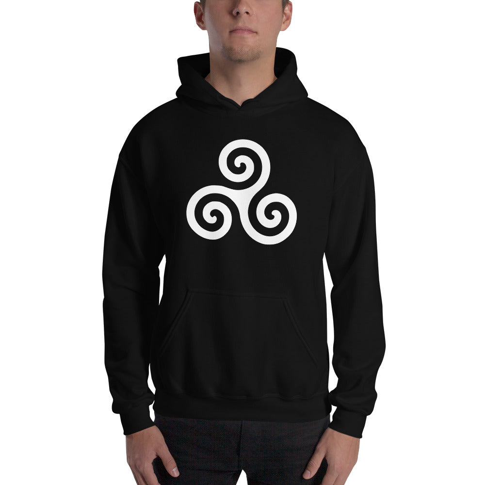 White Triskelion design on unisex hoodie, front view
