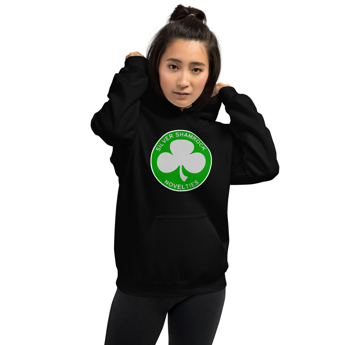 Silver Shamrock Novelties design on unisex hoodie, front view