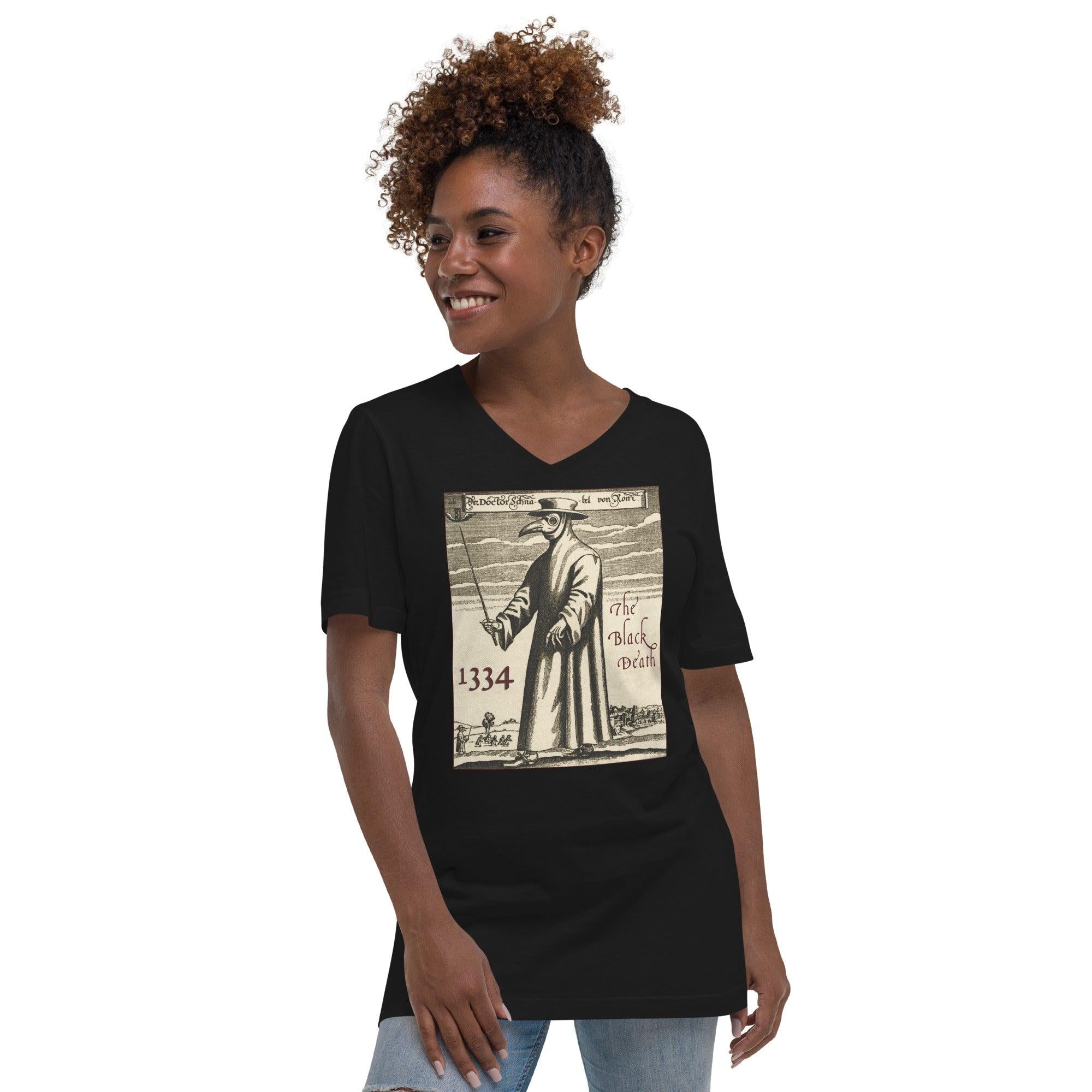 1334 The Black Death Plague Doctor Women’s Short Sleeve V-Neck T-Shirt - Edge of Life Designs