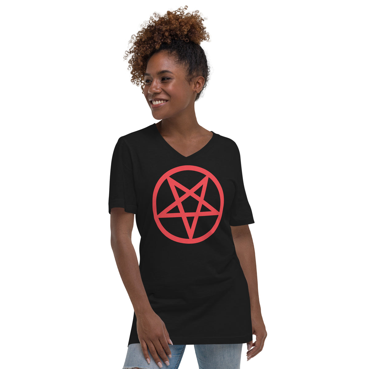 Red Inverted Pentagram design on unisex V-neck shirt, front view