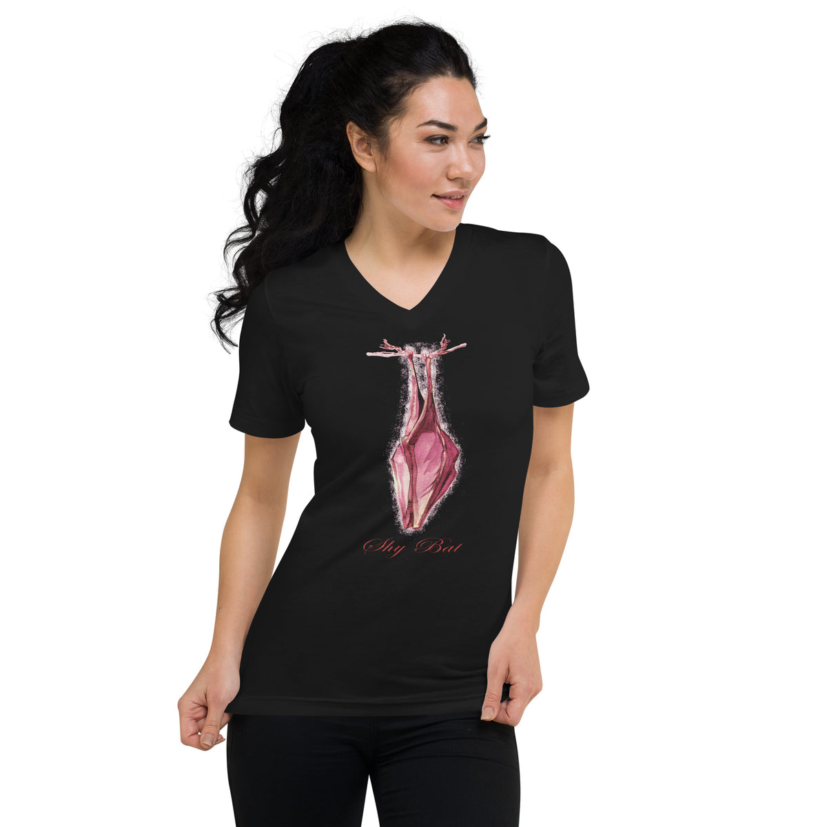 Shy Vampire Bat design on unisex V-neck shirt, front view