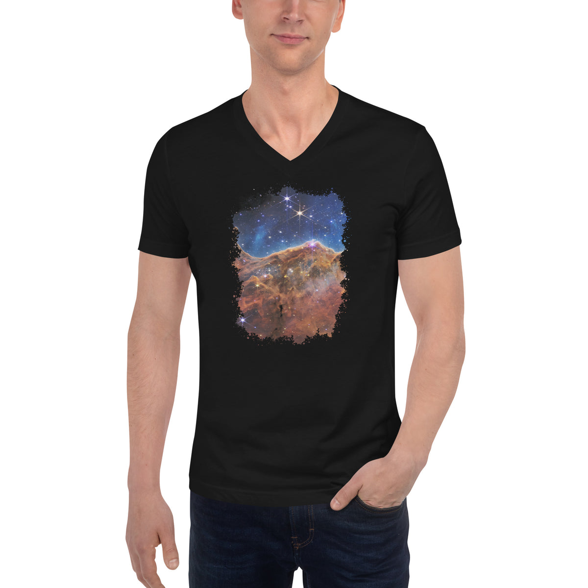 Carina Nebula JWST design on unisex V-neck shirt, front view