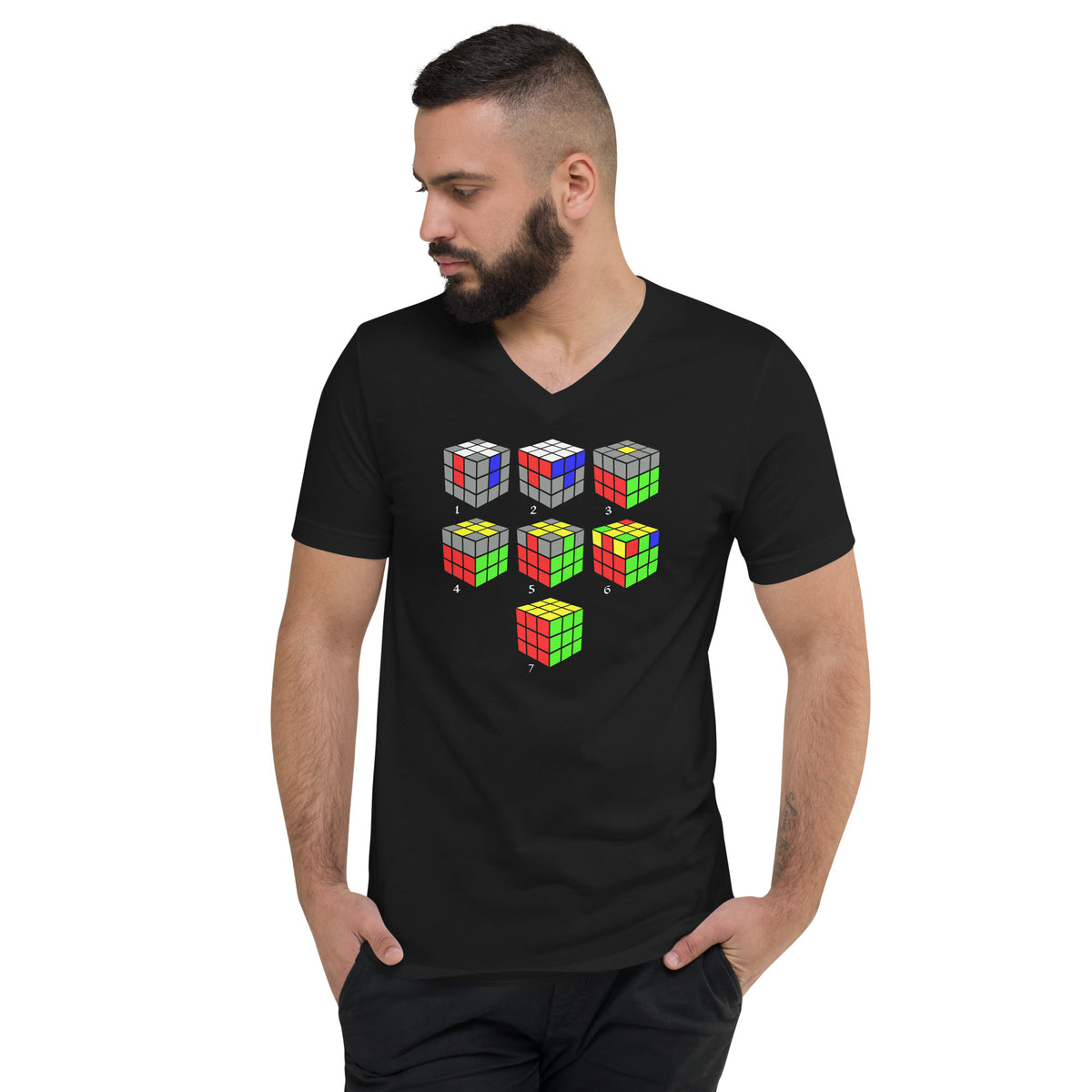 Speed Cube Solution Diagram design on unisex V-neck shirt, front view