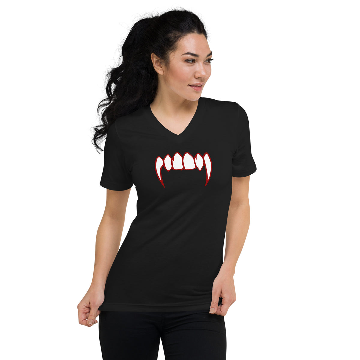 Bloody Vampire Fangs design on unisex V-neck shirt, front view