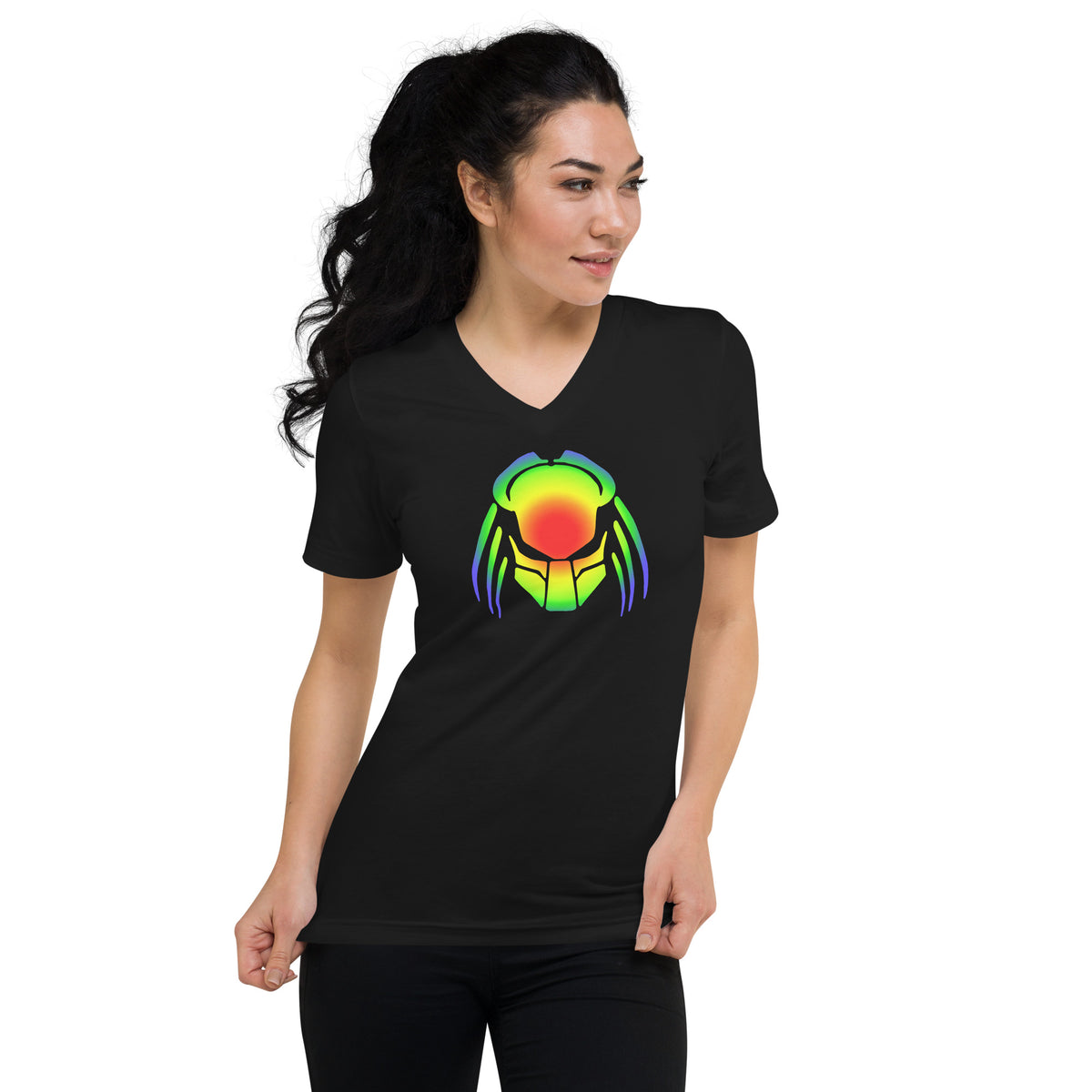 Heat Vision Predalien design on unisex V-neck shirt, front view