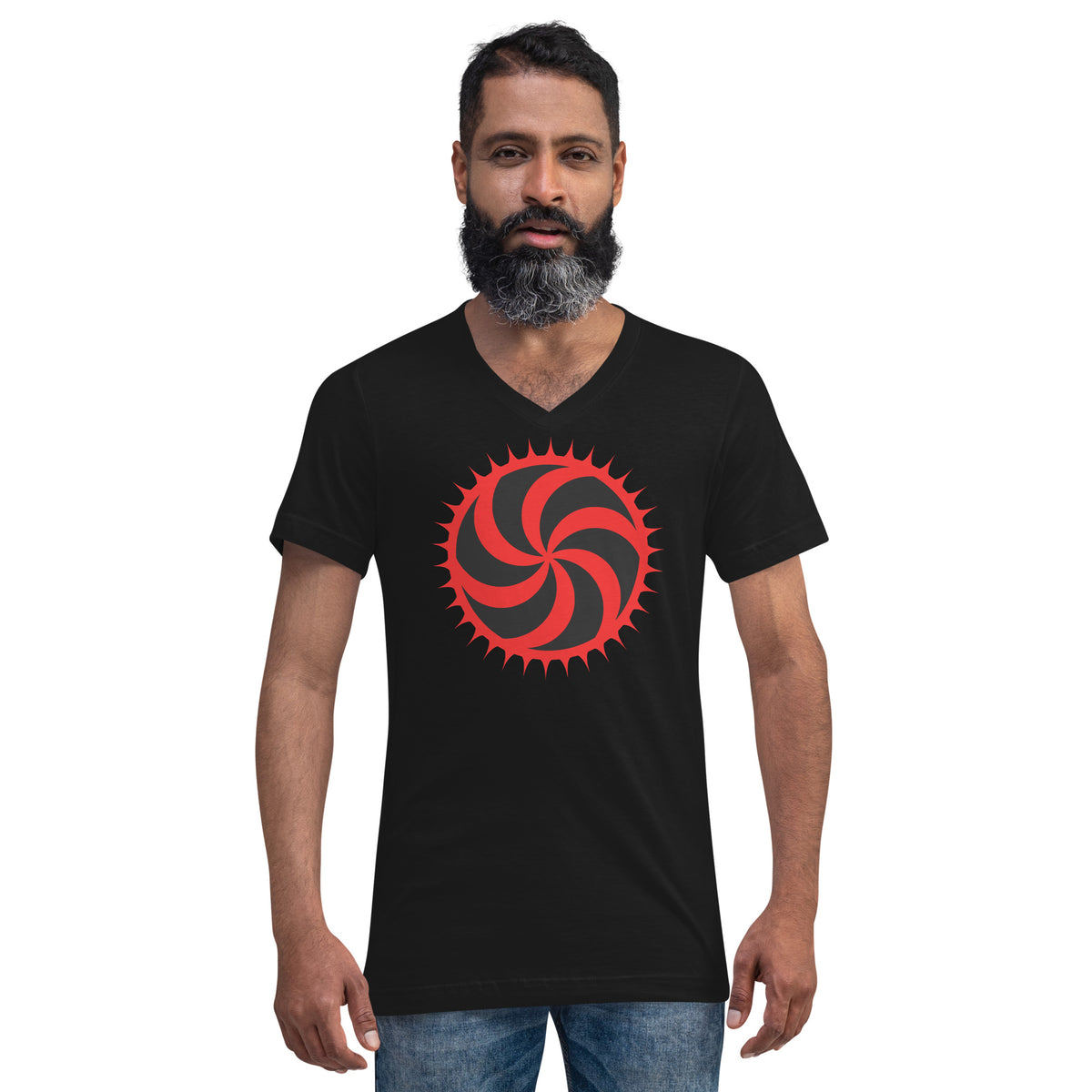 Red Deadly Swirl design on unisex V-neck shirt, front view