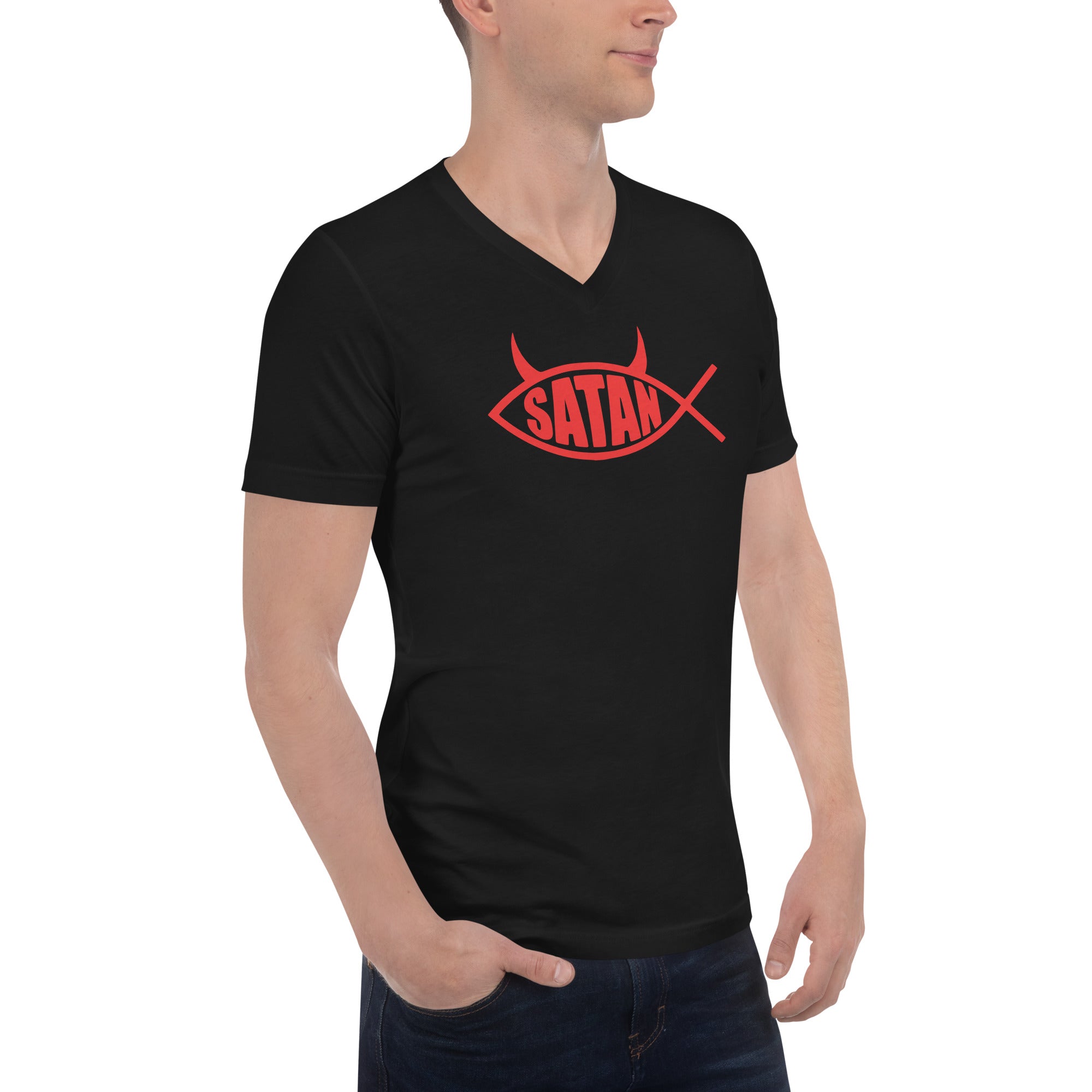 Red Ichthys Satan Fish with Horns Religious Satire Short Sleeve V-Neck T-Shirt