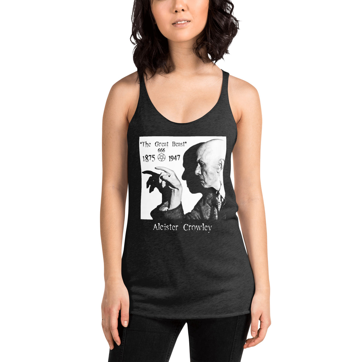 Aleister Crowley graphic on women's racerback tank, front view