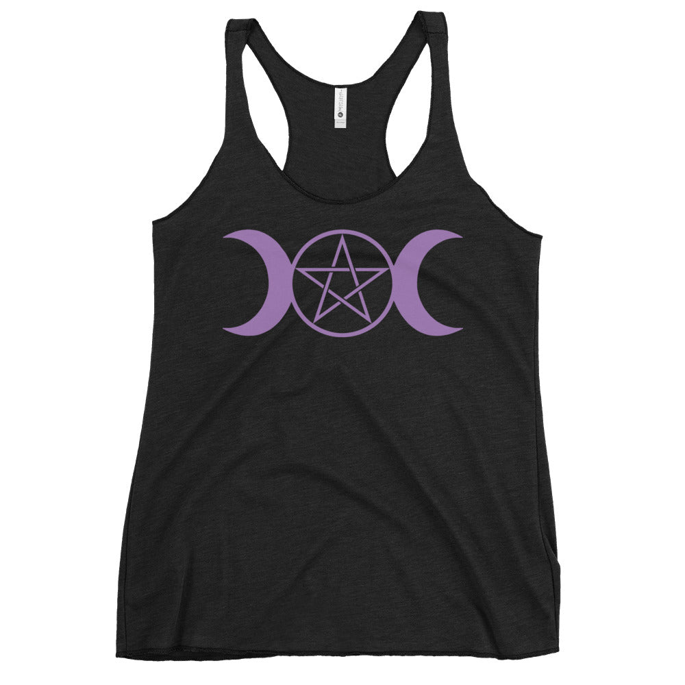 Triple Moon Goddess graphic on women's racerback tank, front view