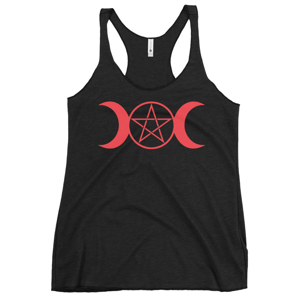 Triple Moon Goddess graphic on women's racerback tank, front view