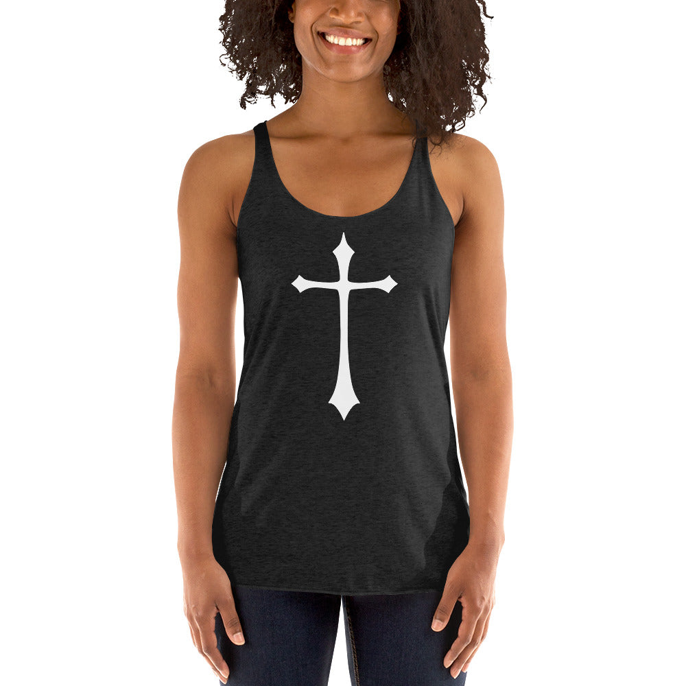 Gothic Cross graphic on women's racerback tank, front view
